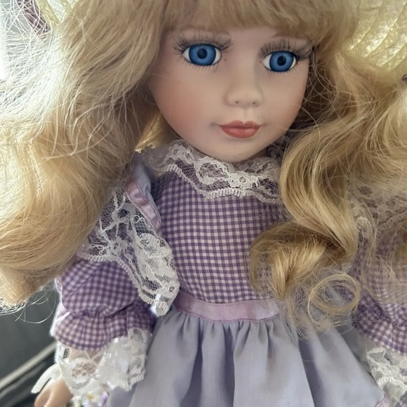 Collectible Memories Porcelain Doll JUNE Blonde Blue Gingham Lace w/Flowers bag - Picture 2 of 5